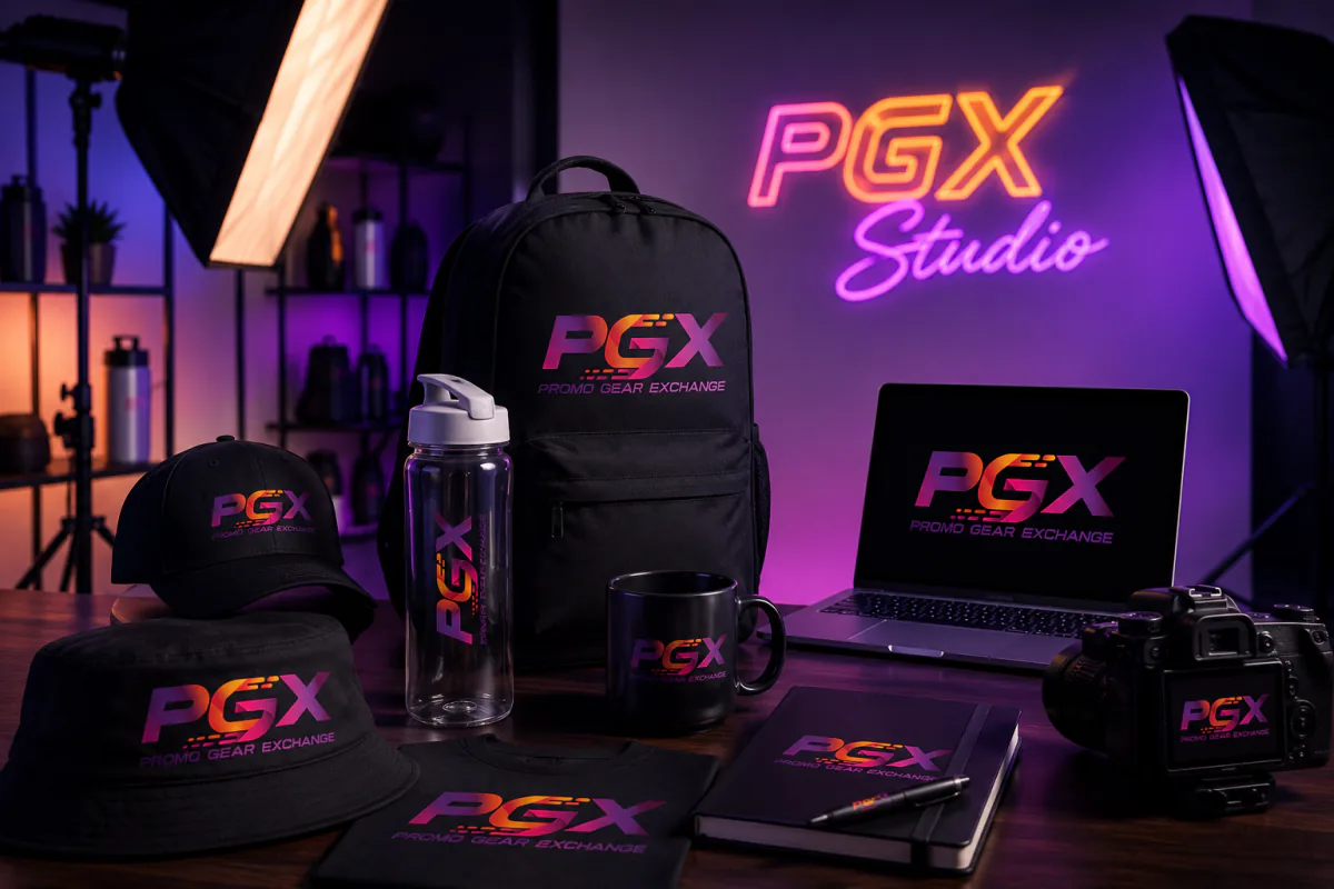 Custom branded PGX merchandise in the Promo Gear Exchange studio — logo backpack, water bottle, bucket hat, cap, mug, t-shirt, and notebook